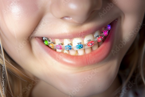 Picture a captivating close-up of a teenage girl's smile, where the intricate details of her colorful braces steal the spotlight.
