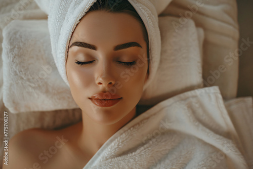 Beautiful woman in white medical cap with closed eyes relaxing at spa salon, copy space for text, closeup portrait, fujifilm provia 400x, skin care and beauty treatment , cl