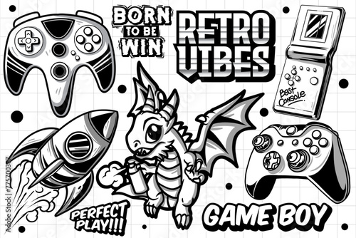 Gaming retro set of objects. Classic retro console gaming illustration in graffiti style