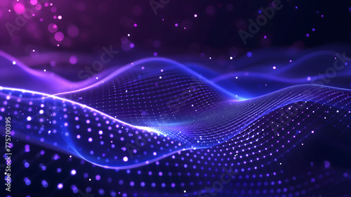 Abstract blue digital background with glowing dots and wavy lines on a dark purple gradient, in the style of a futuristic technology wallpaper