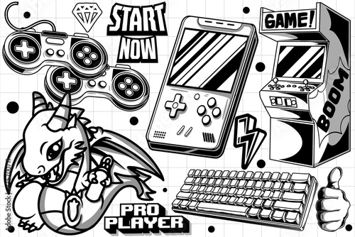 Gaming retro set of objects. Classic retro console gaming illustration in graffiti style