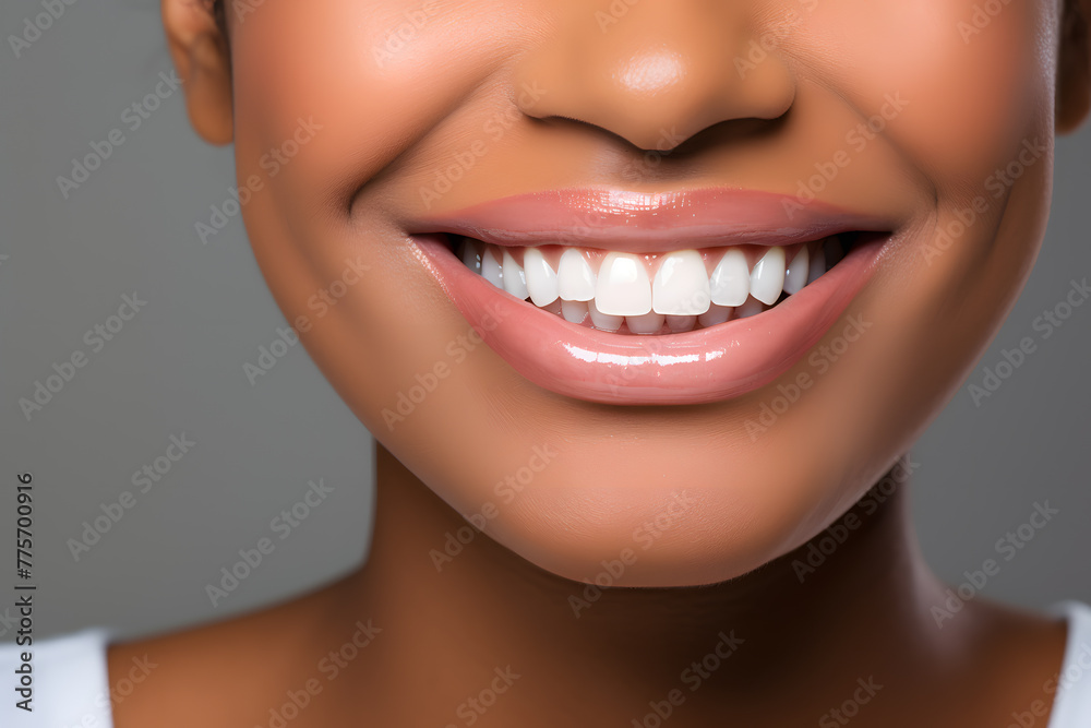 Obraz premium A close-up shot of the lower portion of a woman's Charming smile with white teeth for dental service promotions