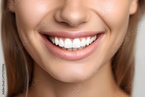 A close-up shot of the lower portion of a woman s Charming smile with white teeth for dental service promotions