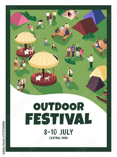 Promotion poster of entertainment event in amusement park. Advertising placard with place for text. Open air summer festival. Outdoor recreation: attractions, picnic, camping. Flat vector illustration