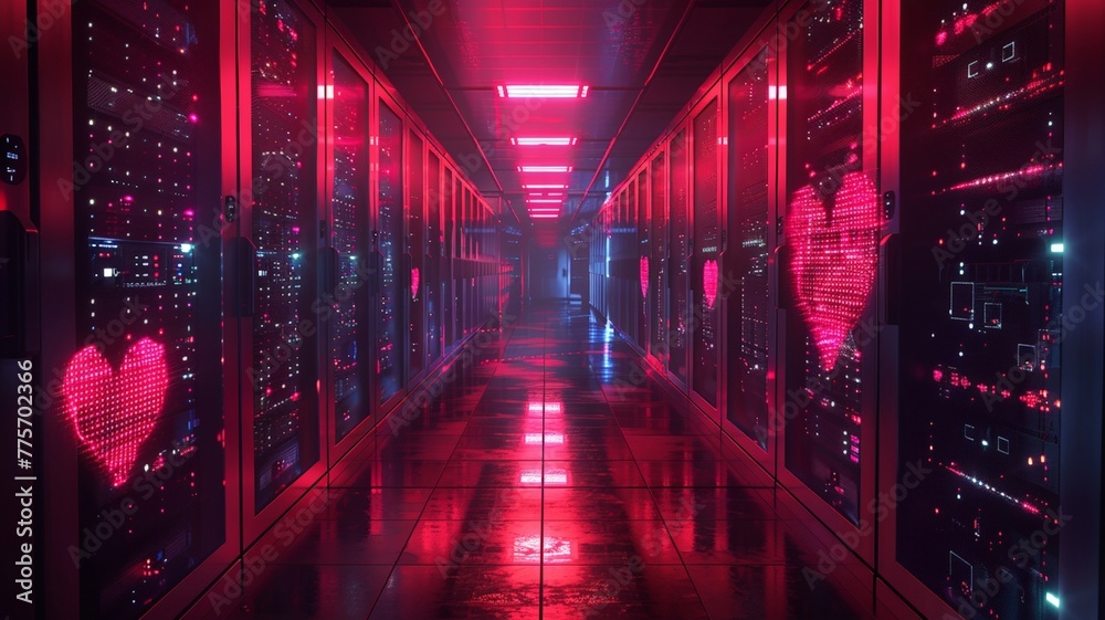 Red glowing hearts in data center symbolizing love for technology