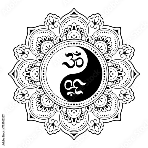 Circular pattern in form of mandala for Henna, Mehndi, tattoo, decoration. Decorative ornament in ethnic oriental style with Yin-yang symbol and mantra OM. Outline doodle vector illustration.