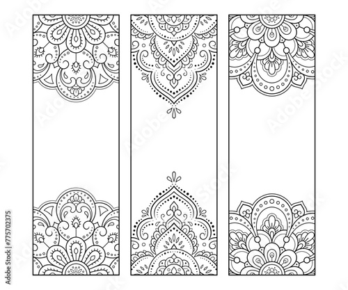 Printable bookmark for book - coloring. Set of black and white labels with flower patterns, hand draw in mehndi style. Sketch of ornaments for creativity of children and adults with colored pencils.