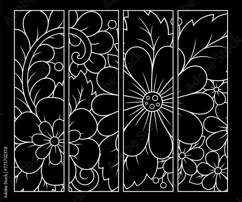 Printable bookmark for book - coloring. Set of black and white labels with flower patterns, hand draw in mehndi style. Sketch of ornaments for creativity of children and adults with colored pencils.