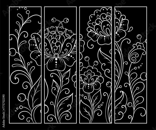 Printable bookmark for book - coloring. Set of black and white labels with flower patterns, hand draw in mehndi style. Sketch of ornaments for creativity of children and adults with colored pencils.