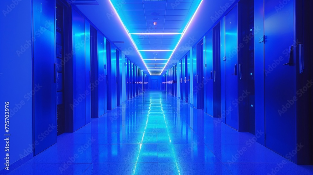 Blue-hued data center hall with illuminated server racks