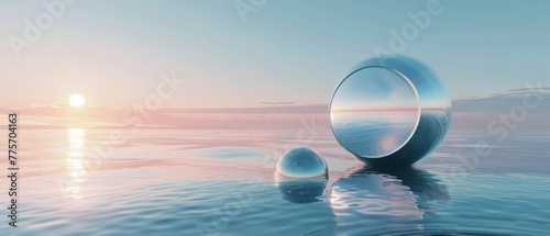 The picture shows a 3D rendering of an abstract minimalist background, a futuristic landscape, an amazing seascape with calm water, a polished chrome ring, and a silver ball on a plain gradient sky.