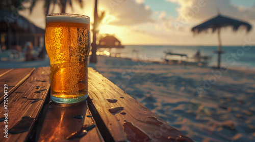 Vaso de cerveza fría encima de mesa de madera en un chiringuito de playa al atardecer. Pinta de cerveza rubia apoyada en mesa de madera en la playa al atardecer.  photo