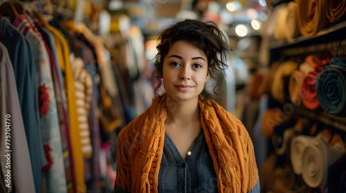 Portrait of a brunette woman in a thrift shop
