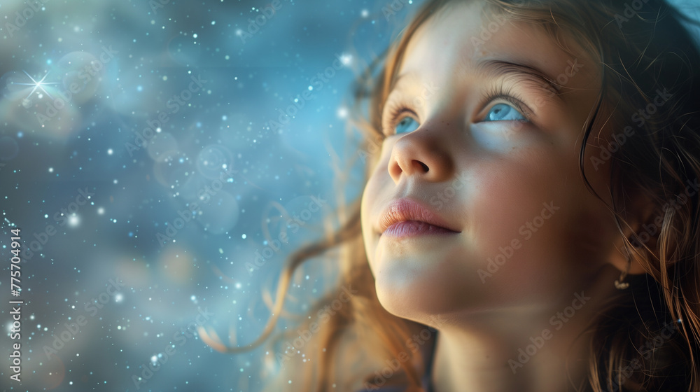 Little girl looking up at stars, blue, cheerful, human face, happiness, small Little girl looking up at stars, blue, cheerful, human face, happiness, small