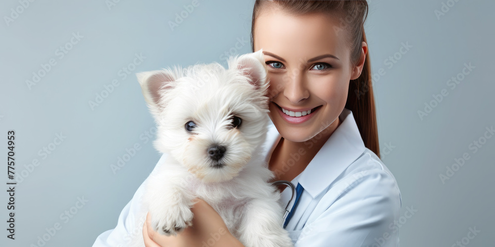 Happy veterinarian holding a small dog, isolated on a gray background. Veterinary day. Healthcare. Banner. Copy space for text Happy veterinarian holding a small dog, isolated on a gray background. Veterinary day. Healthcare. Banner. Copy space for text