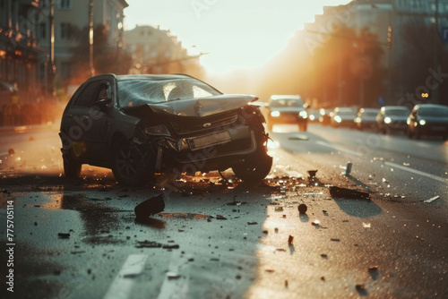 Car crash. Accident on the road in an evening city. AI generative