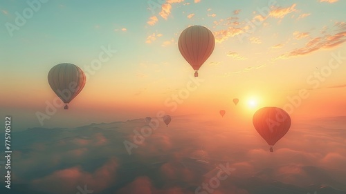 Hot air balloons soaring over ocean clouds at sunrise serenity
