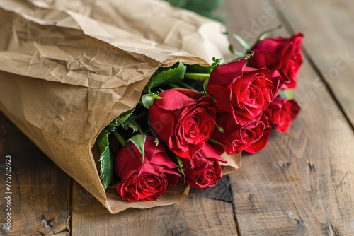 love, date, flowers, valentines day and holidays concept - close up of red roses bunch wrapped into brown paper on wooden table