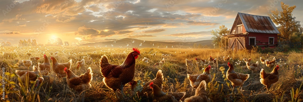 A harmonious blend of nature and agriculture, this image celebrates the life of free-range egg-laying chickens in both pastoral fields and a structured commercial coop - obrazy, fototapety, plakaty 