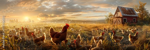 A harmonious blend of nature and agriculture, this image celebrates the life of free-range egg-laying chickens in both pastoral fields and a structured commercial coop