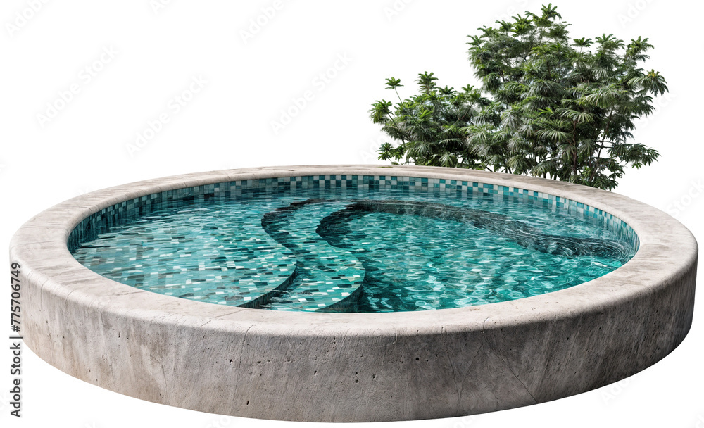 Round pool with green plants behind it, isolated on a transparent background