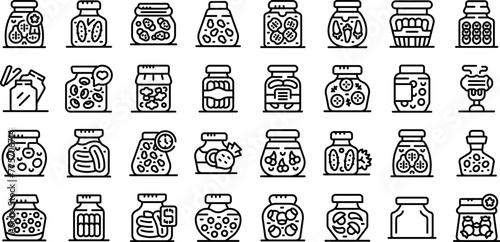 Pickled food jars icons set outline vector. Can product. Vegetable spice
