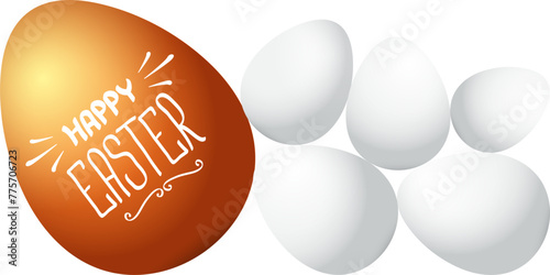 Happy easter horizontal banner with colorful golden egg and white eggs flat lay on white transparent background. Vector Happy easter creative concept illustration