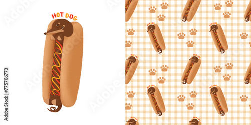 cute hot dog Dachshund dog in sausage bun seamless pattern