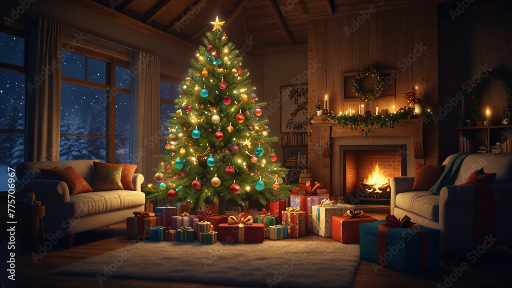 Christmas  tree and Living Room. Neon glow. AI generativ.