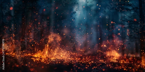 A dense forest ablaze with intense flames and glowing embers, creating a fiery and dangerous scene
