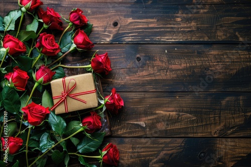 Mother day background or Valentines Day, wedding day. Beautiful blooming Red roses and present on wooden board. Top view flat lay background. Copy space