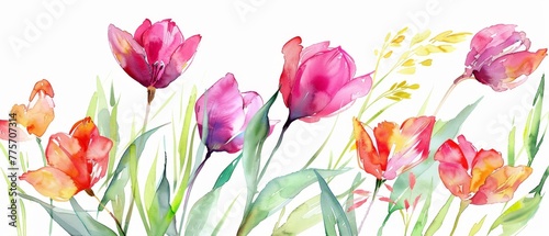 Greeting card with watercolor illustration - fresh spring tulips, floral background, beautiful bouquet of wild flowers with a festive theme