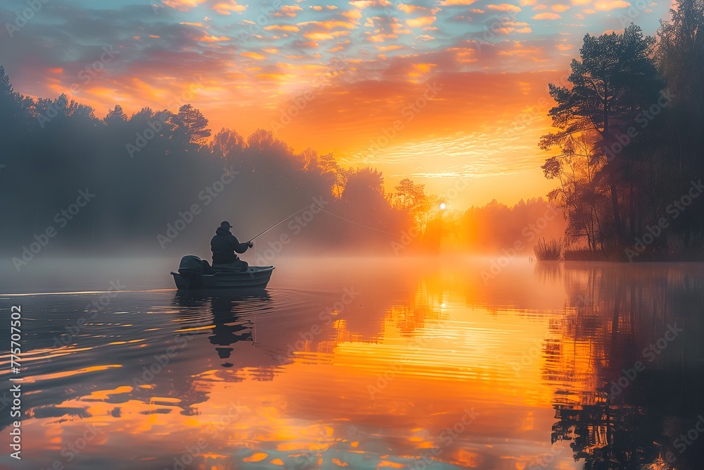 Fototapeta premium Man Rowing Boat on Lake at Sunset