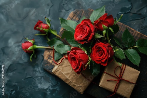 Mother day background or Valentines Day, wedding day. Beautiful blooming Red roses and present on wooden board. Top view flat lay background. Copy space