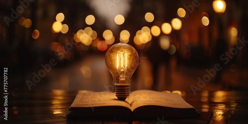 A light bulb is placed on top of an open book, symbolizing creativity and education