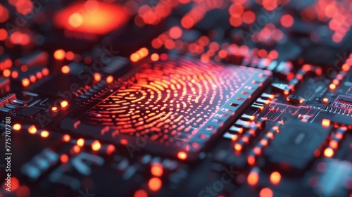 Detailed view of a fingerprint placed on a computer keyboard, illustrating an identification and cyber security concept photo