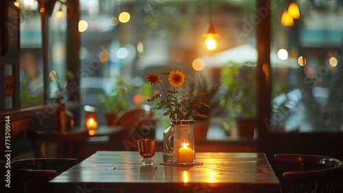 Cozy café ambiance with sunflowers and candle on wooden table