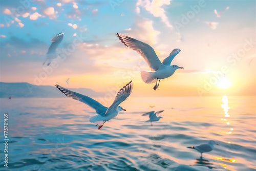 seagulls flying over the sea © Syukra
