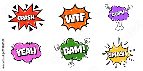 Pow comic bubble collection. Sound dialogue speech bubbles with word - Crash, Oops, Yeah and other. Pop art expression in bright color and black outline.