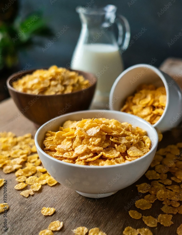 A bowl filled with corn flakes sits next to another bowl of petite flakes, ready for breakfast A bowl filled with corn flakes sits next to another bowl of petite flakes, ready for breakfast