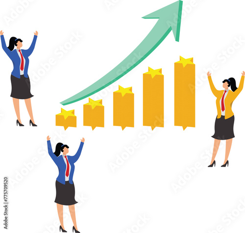 Successful professional growth and business development, forward ambition and motivation, equidistant from a group of businesswomen standing around the rising arrow jumping and cheering