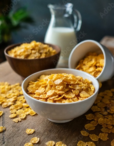 A bowl filled with corn flakes sits next to another bowl of petite flakes, ready for breakfast © Marko