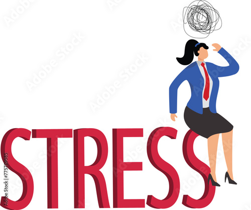 businesswoman overwhelmed by huge letters of stress, overload of stress and burden, psychological stress or work stress, exhaustion and anxiety, stress and exhaustion problems