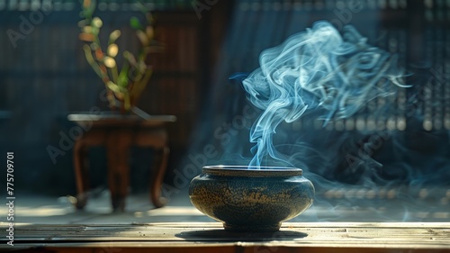 Incense smoke wafting through a traditional eastern setting