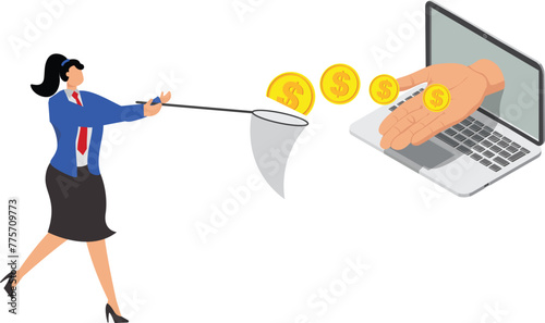 Harvesting profits or making money on the internet, stock gains, investment returns, etc. Distance lucky businesswoman with a butterfly net pocket to arrest the gold coins coming out of the computer s