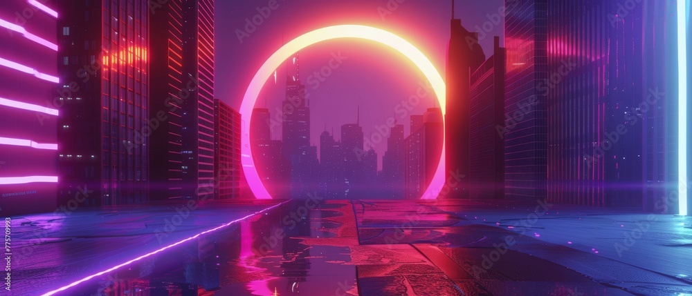 CG neon background, cyberspace virtual reality urban scene, glowing sphere portal at the end of the street, fantastic city, minimal skyscrapers, post-apocalyptic concept, night sky, 3D neon