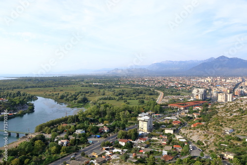 View of a valley with a rural settlement from the ancient stone wall of Rozafa Castle in Shkoder, Albania