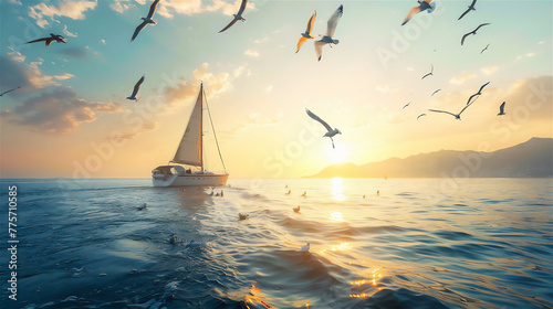 sailboat at sunset with seagulls