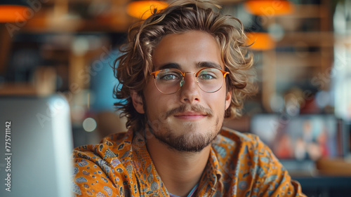 Young man entrepreneur in chic office, pleased with online purchase.