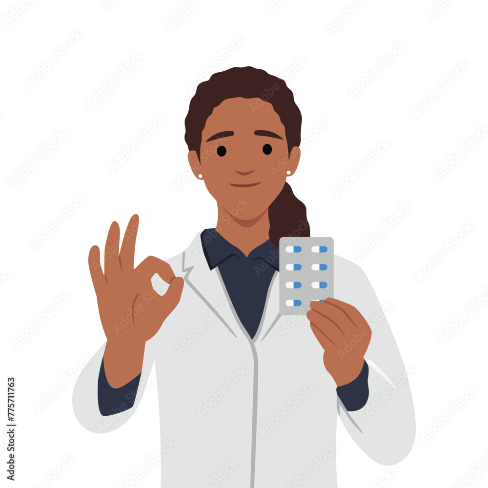 Doctor with medication. woman holding pills showing ok sign. Flat vector illustration isolated on white background Doctor with medication. woman holding pills showing ok sign. Flat vector illustration isolated on white background